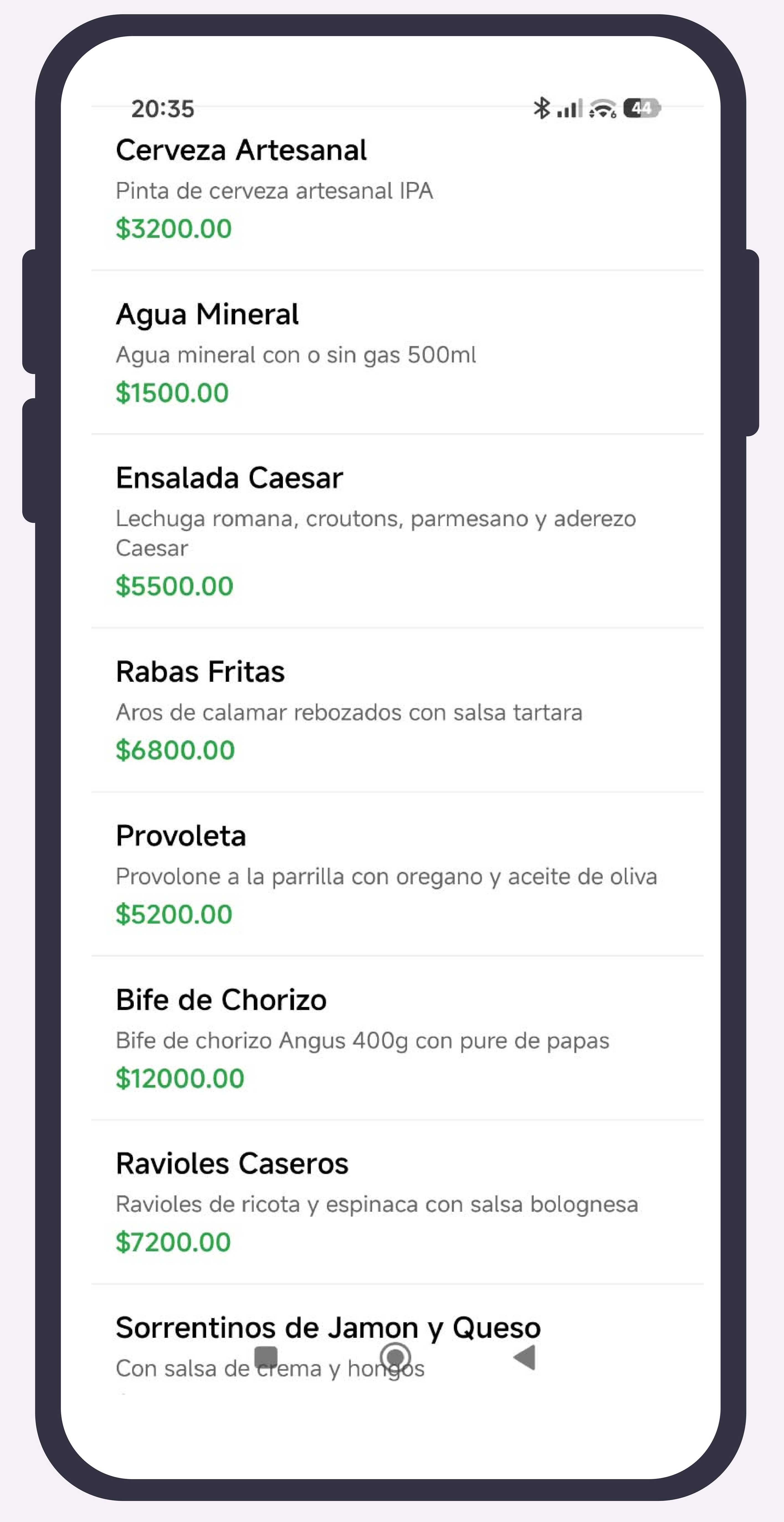 App móvil - Menú de Restaurante